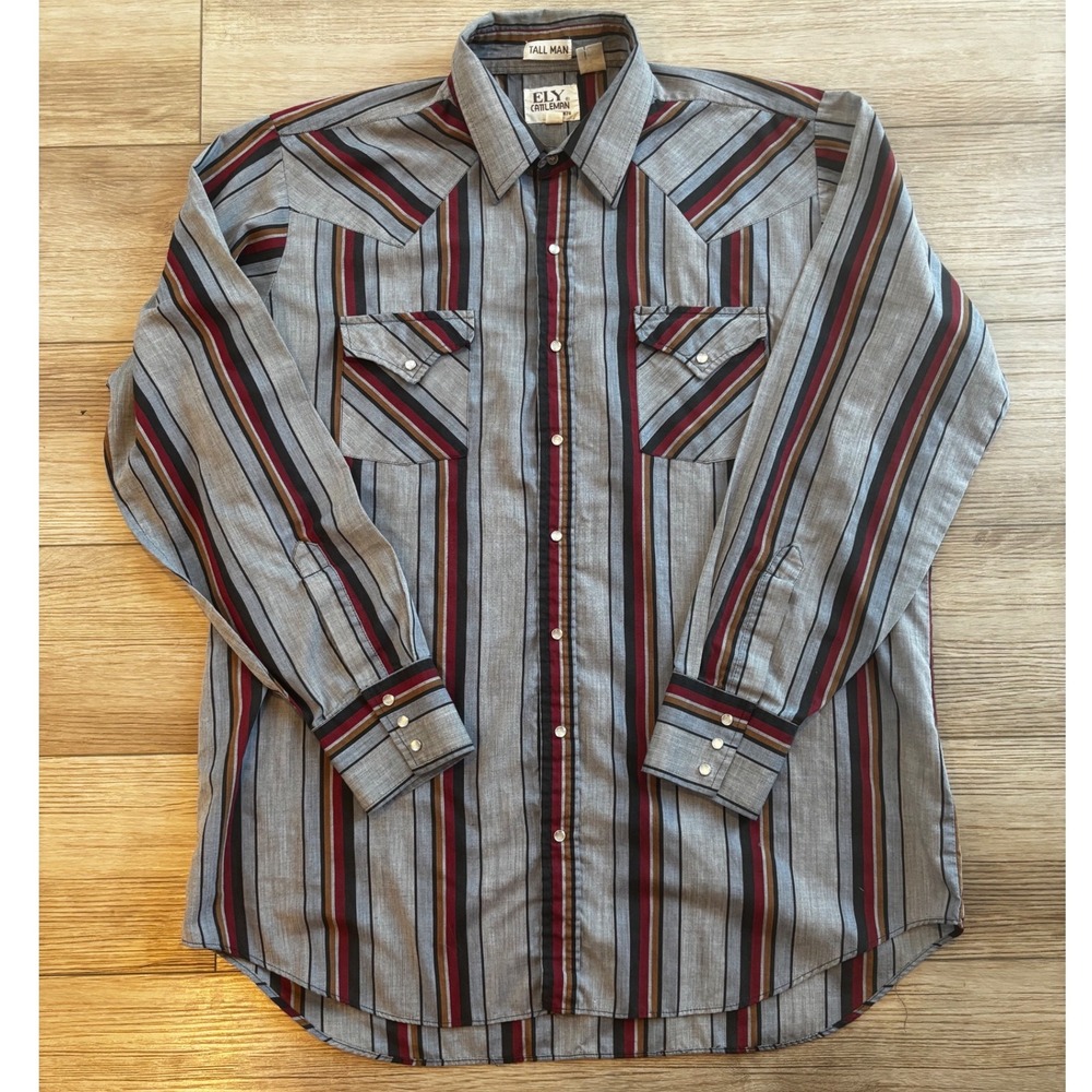 Ely Cattleman Mens XL Tall Western Pearl Snap Shirt Grey Striped Long Sleeve VTG